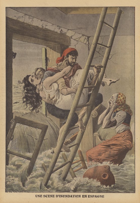 Overstromingen in Spanje (kleurenlitho) door French School
