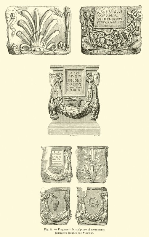 Fragmenten van beeldhouwwerk en grafmonumenten gevonden in de rue Vivienne (gravure) door French School