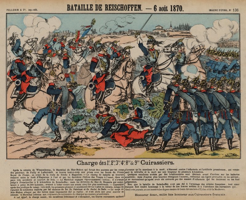Franse kurassiers die Pruisische infanterie aanvallen bij de Slag bij Reichshoffen, Frans-Duitse Oorlog, 6 augustus 1870 door French School