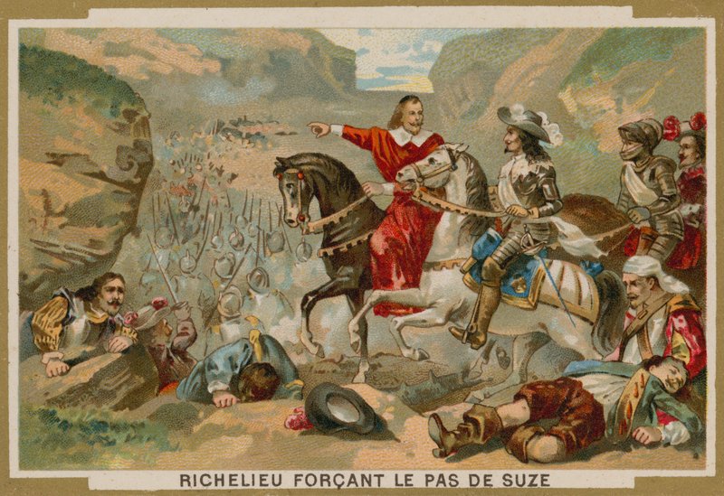 Franse troepen onder bevel van kardinaal Richelieu forceren de pas bij Suza, Savoye, 1629 door French School