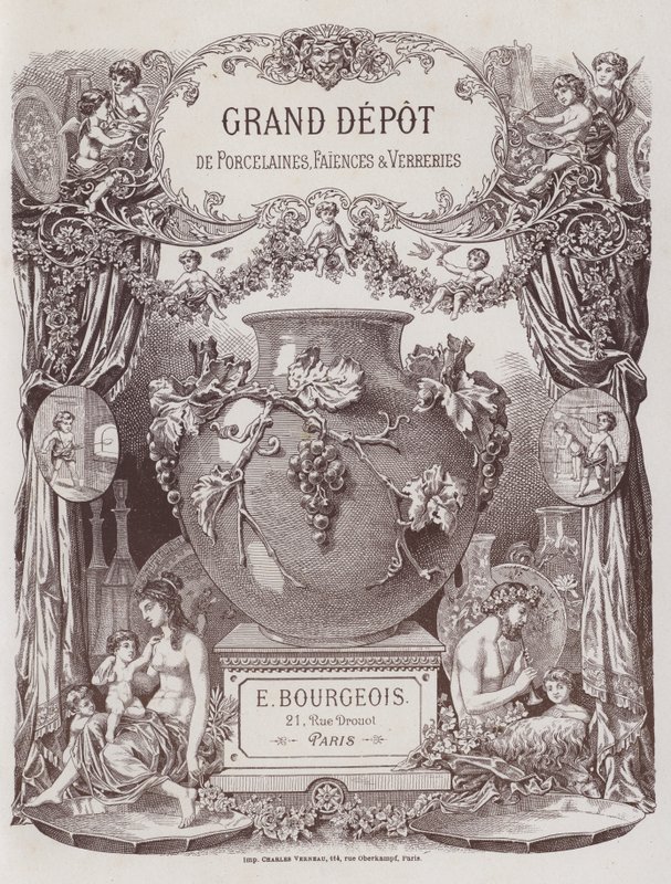 Frontispice van de catalogus van het Grand Depot de Porcelaines, Faiences et Verreries door French School