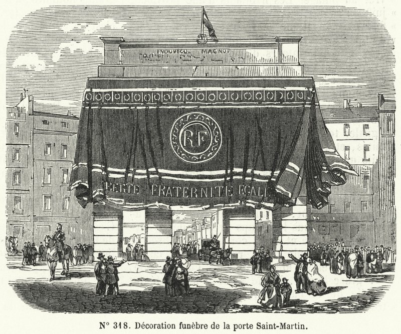 Funeraire decoratie van de Porte Saint-Martin ter ere van de slachtoffers van de Junidagenopstand, Parijs door French School