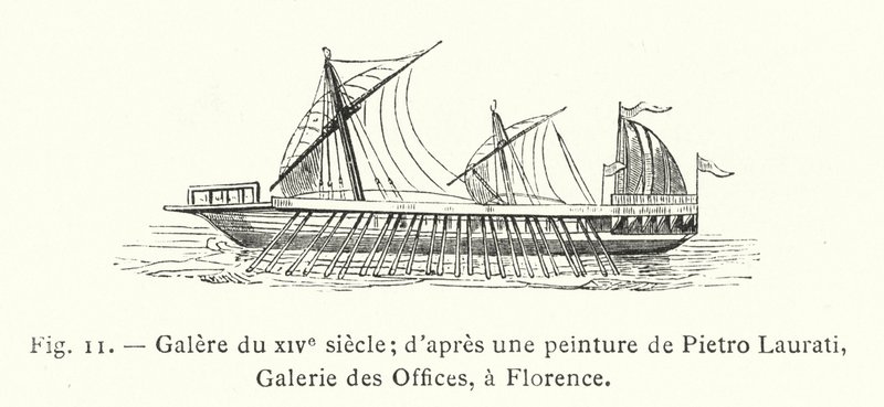 Galei uit de 14e eeuw; naar een schilderij van Pietro Laurati, Uffizi Galerij, Florence door French School