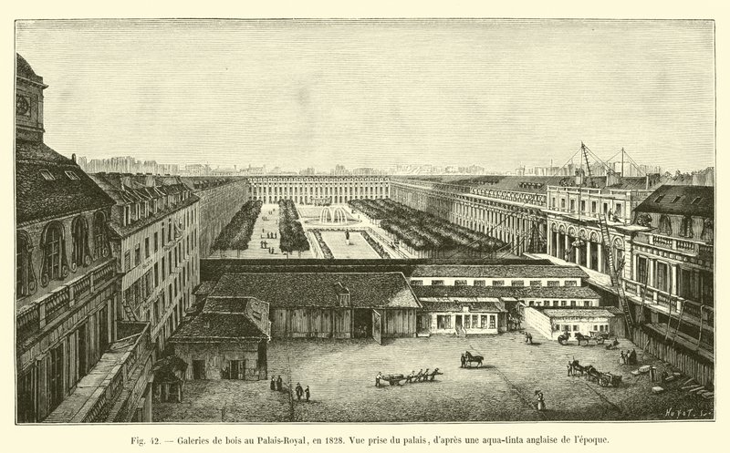Houten galerijen in het Palais-Royal, in 1828, gezien vanaf het paleis, naar een Engelse aquatint uit die tijd door French School