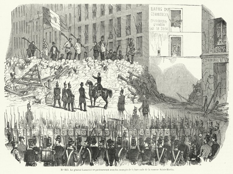 Generaal Lamoriciere onderhandelt met gewapende arbeiders die hun barricade verdedigen buiten de Saint Martin-kazerne, Parijs, 23 juni 1848 (gravure) door French School