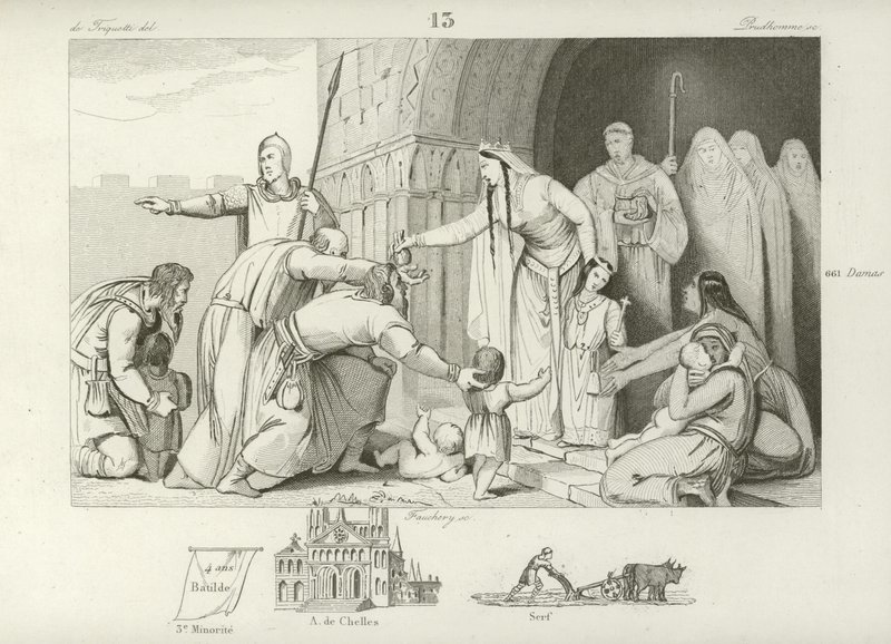Het geven van aalmoezen aan de armen, regering van Chlothar III, koning van Neustrië en Bourgondië, 7e eeuw door French School