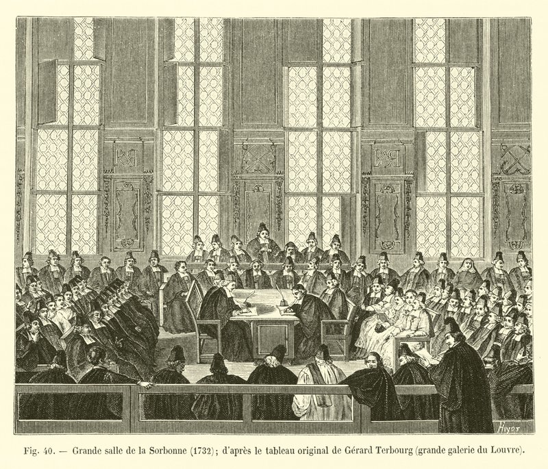 Grote zaal van de Sorbonne, 1732; naar het originele schilderij van Gerard Terbourg, grote galerij van het Louvre door French School