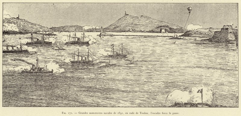 Grote marine-oefeningen van 1891, in de baai van Toulon; de vloot forceert de doorgang door French School