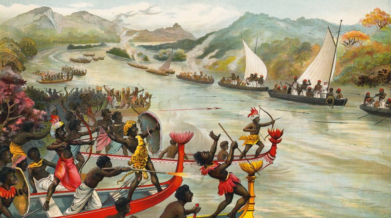 Groot gevecht op een rivier in Afrika door French School