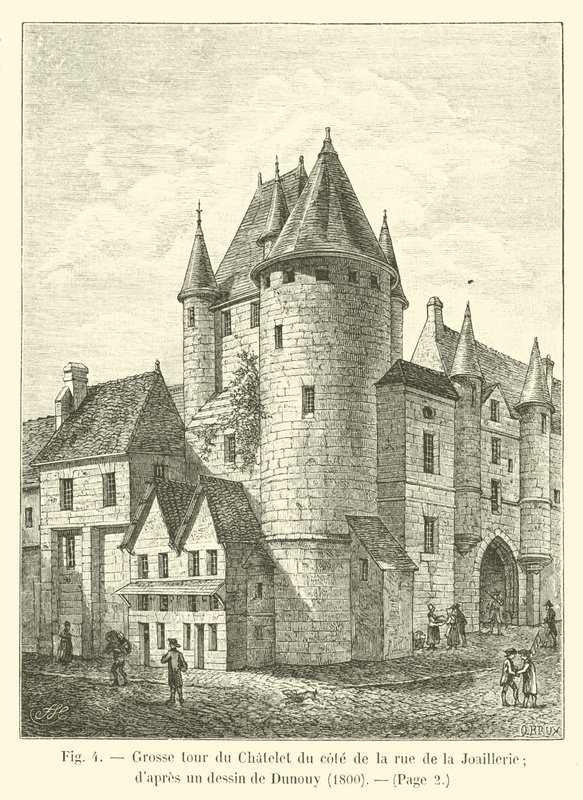 Grote toren van het Chatelet aan de kant van de rue de la Joaillerie; naar een tekening van Dunouy, 1800 door French School