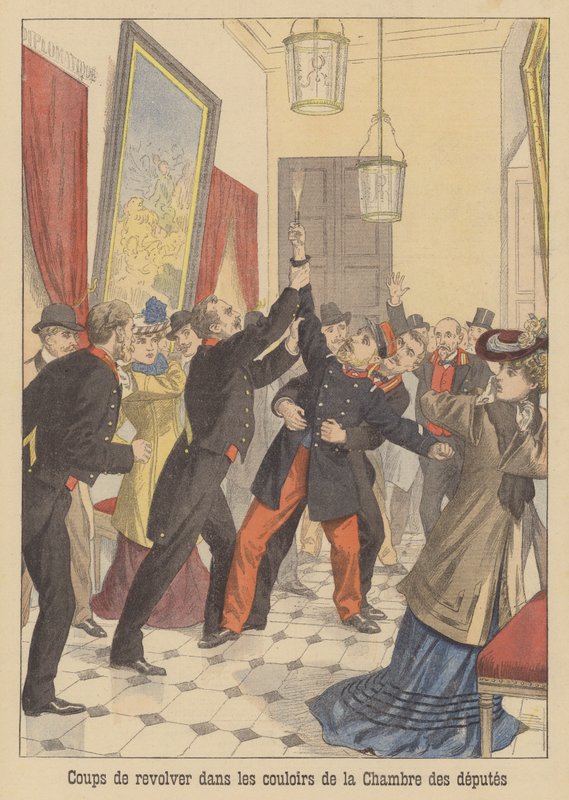 Geweerschoten in de gangen van de Franse Kamer van Afgevaardigden (kleurenlitho) door French School