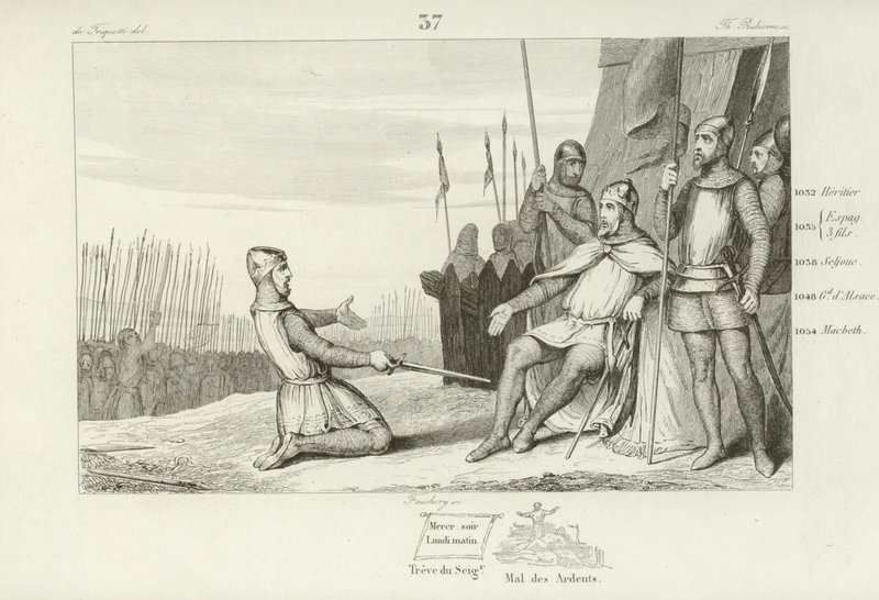 Hendrik I van Frankrijk vergeeft zijn broer, Robert le Vieux, 1031 door French School