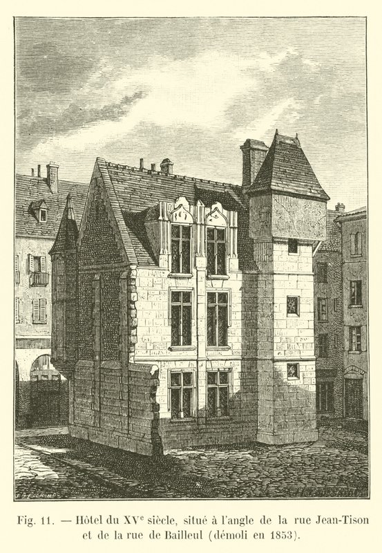 Hotel uit de 15e eeuw, gelegen op de hoek van de rue Jean-Tison en de rue de Bailleul, gesloopt in 1853 door French School