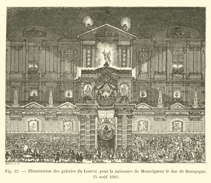 Verlichting van de galerijen van het Louvre voor de geboorte van Monseigneur de hertog van Bourgondië, 25 augustus 1682 door French School