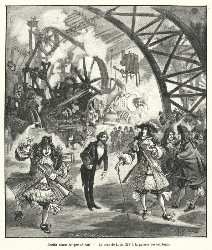 Verbeelde bezoek van koning Lodewijk XIV en zijn hof aan het Paviljoen van Machines op de Exposition Universelle in Parijs in 1889 door French School