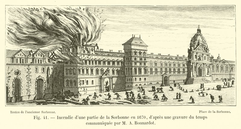 Brand van een deel van de Sorbonne in 1670, naar een gravure uit die tijd gecommuniceerd door M A Bonnardot door French School