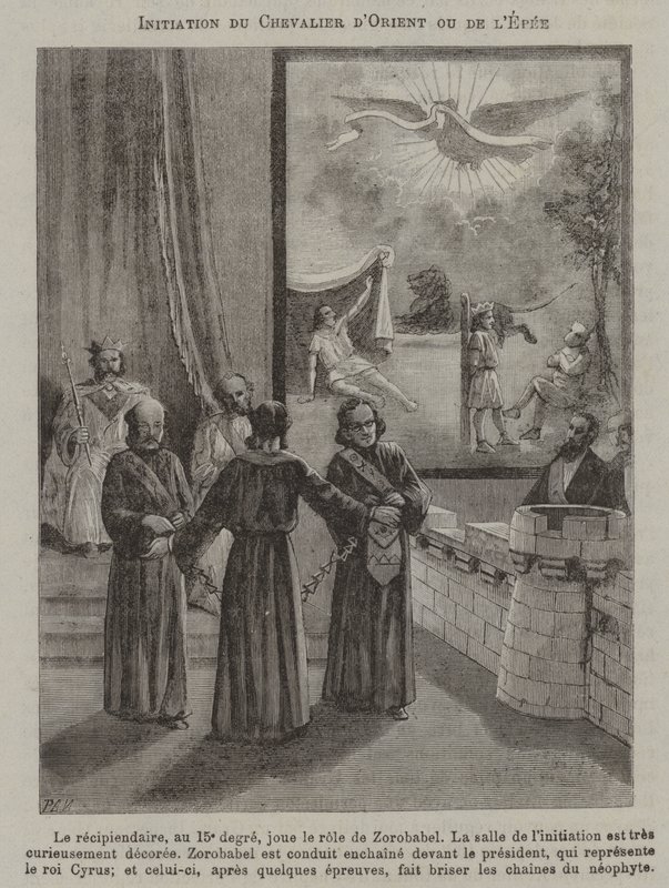 Inwijding van een Ridder van het Zwaard, of Ridder van het Oosten (gravure) door French School