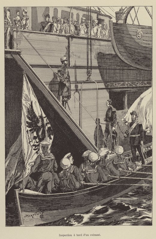 Inspectie aan boord van een slagschip door French School