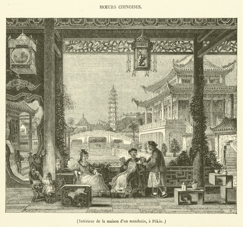 Interieur van het huis van een mandarijn in Beijing (gravure) door French School
