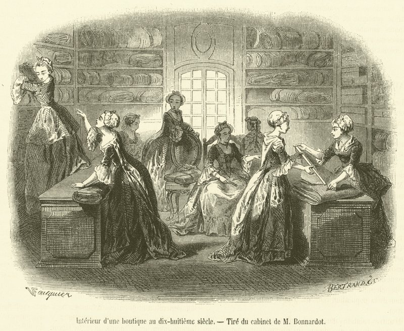 Interieur van een winkel in de achttiende eeuw (gravure) door French School