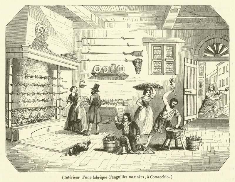 Interieur van een zeepalingfabriek in Comacchio (gravure) door French School