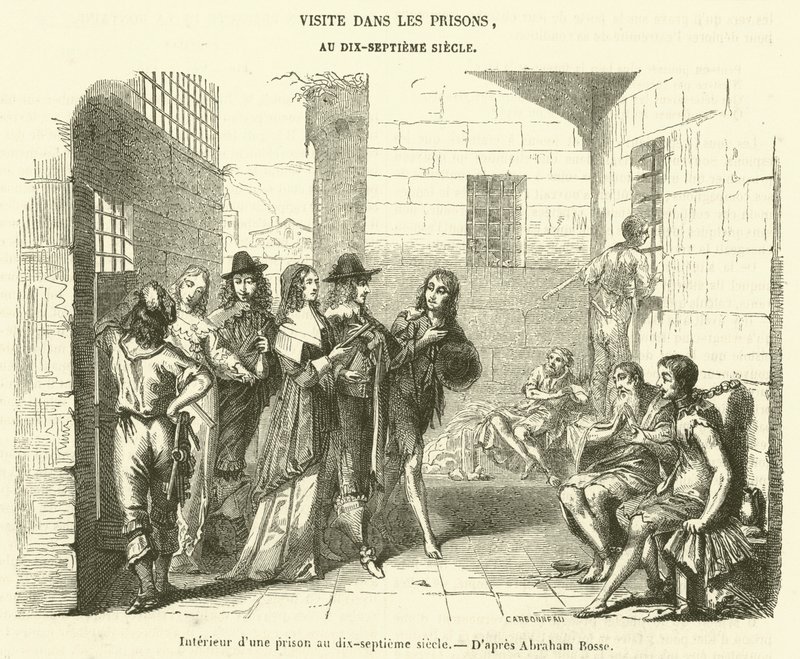 Interieur van een gevangenis in de zeventiende eeuw (gravure) door French School