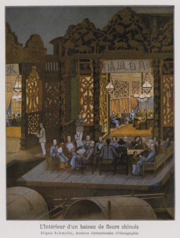 Interieur van een bloemenboot, een Chinese plezierboot (kleurenlitho) door French School