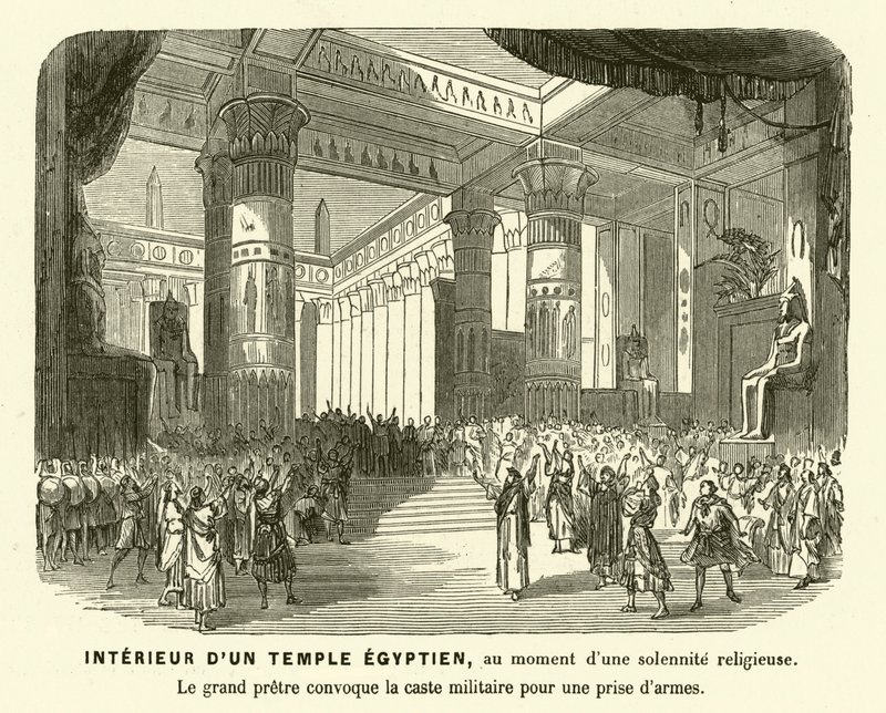 Interieur van een oude Egyptische tempel tijdens een dienst (gravure) door French School
