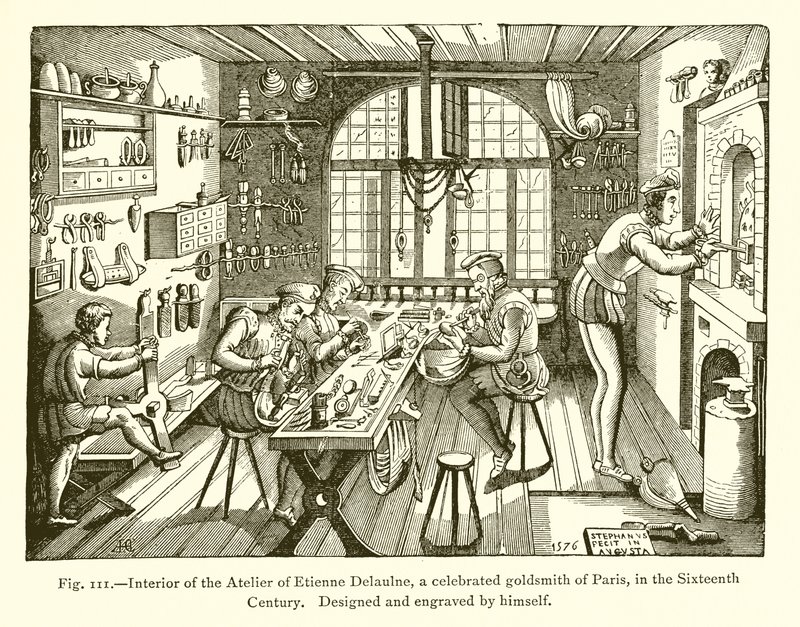 Interieur van het Atelier van Etienne Delaulne, een beroemde Goudsmid van Parijs, in de Zestiende Eeuw door French School