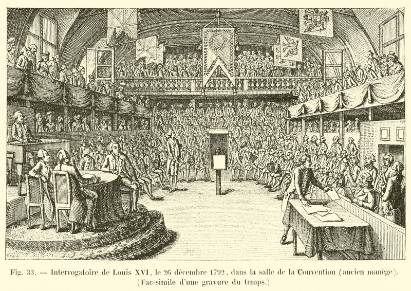 Verhoor van Lodewijk XVI, op 26 december 1792, in de zaal van de Conventie, voormalige manege, Fac-simile van een gravure uit die tijd door French School