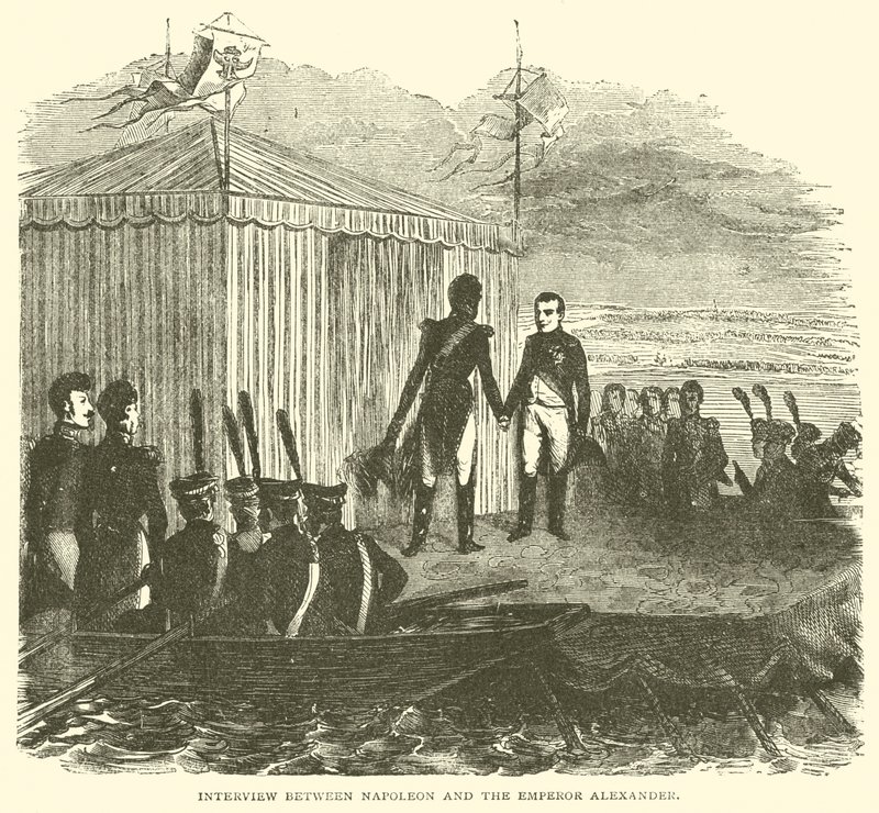 Ontmoeting tussen Napoleon en keizer Alexander (gravure) door French School