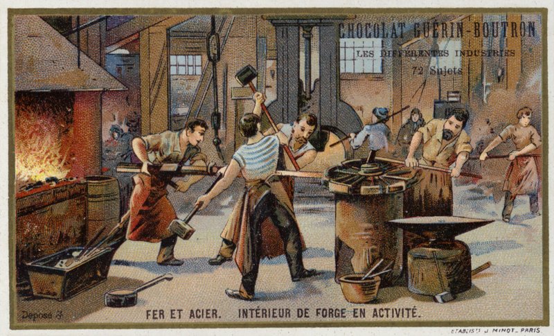 IJzer en staal. Interieur van een drukke smederij door French School