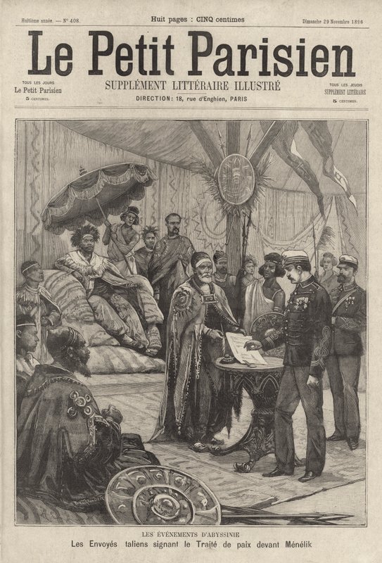 Italiaanse gezanten ondertekenen het vredesverdrag om een einde te maken aan de Eerste Italiaans-Ethiopische Oorlog voor Keizer Menelik II van Ethiopië door French School