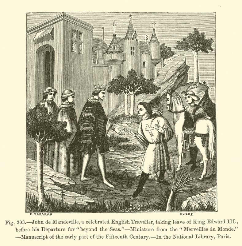 John de Mandeville, een beroemde Engelse reiziger, neemt afscheid van koning Edward III voor zijn vertrek naar 