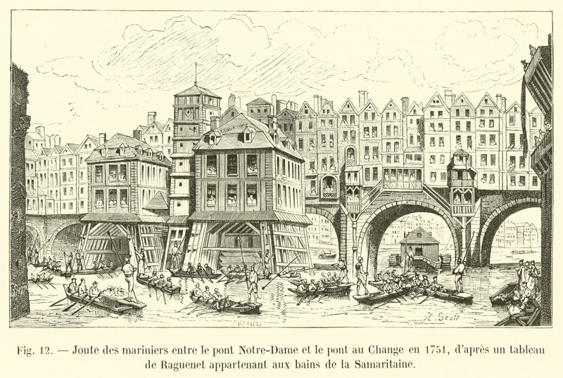 Roeiwedstrijd van de schippers tussen de Pont Notre-Dame en de Pont au Change in 1751, naar een schilderij van Raguenet behorend tot de baden van de Samaritaine door French School