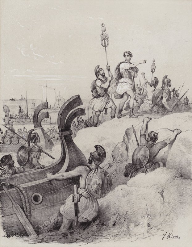 Julius Caesar en de Romeinen landen in Kent tijdens hun eerste invasie van Groot-Brittannië, 55 v.Chr. door French School