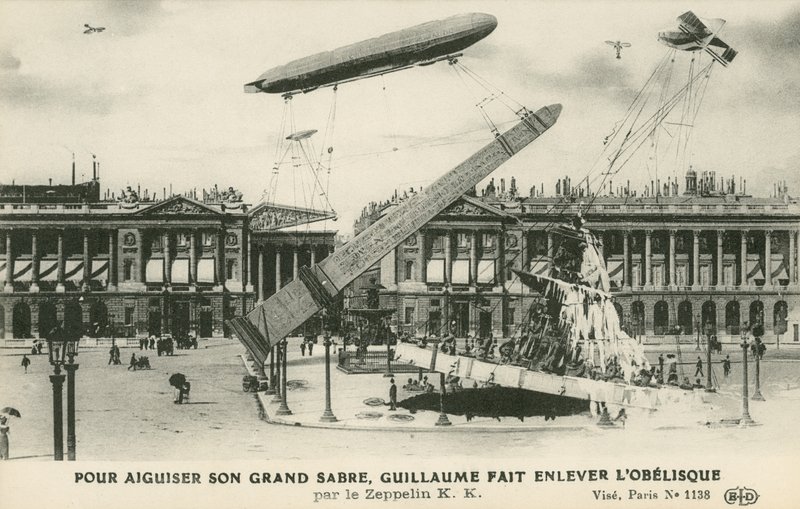 Kaiser Wilhelm II verbeeldt het verwijderen van de obelisk uit Parijs met een Zeppelin door French School