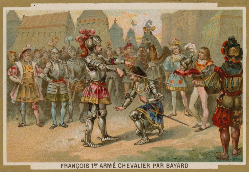 Koning Karel I van Frankrijk geridderd door Chevalier de Bayard na de Slag bij Marignano, 1515 door French School