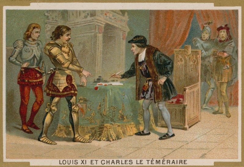 Koning Lodewijk XI van Frankrijk en Karel de Stoute, hertog van Bourgondië door French School