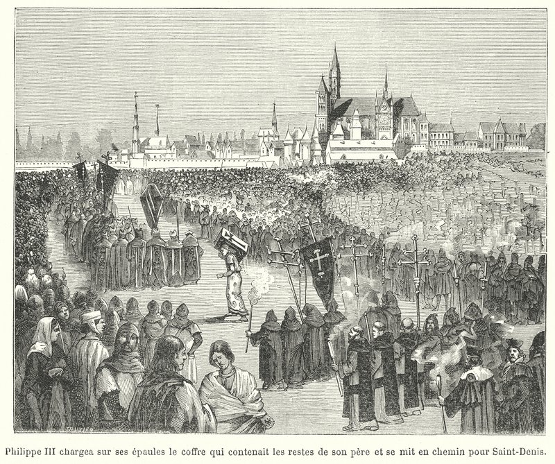 Koning Filips III van Frankrijk draagt de beenderen van zijn vader, Lodewijk IX, naar zijn begrafenis in de Basiliek van St. Denis, Parijs door French School