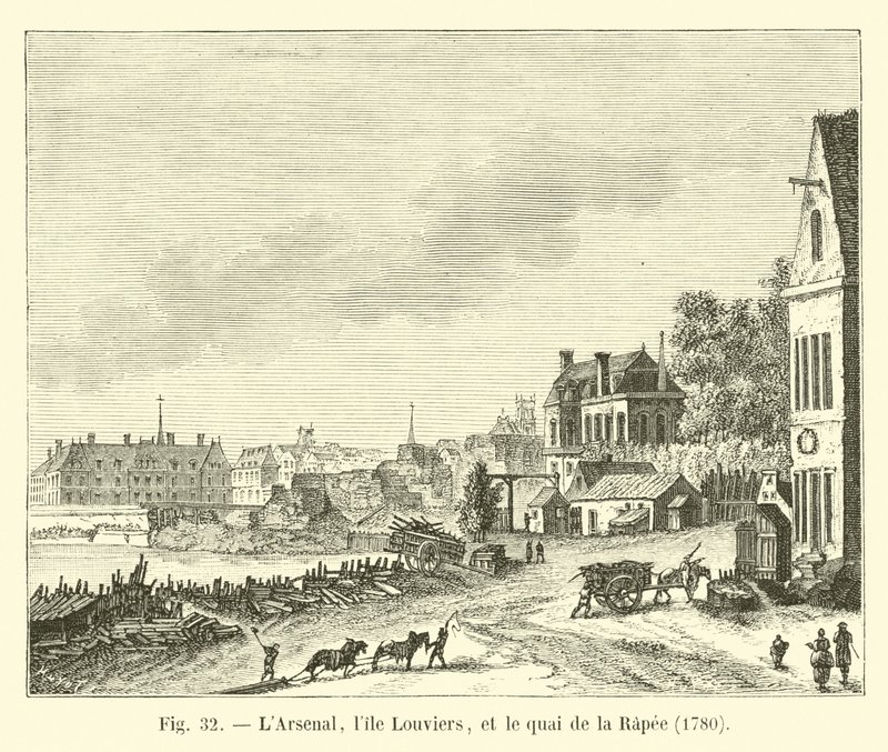 Het Arsenaal, het eiland Louviers, en de kade van de Râpée, 1780 door French School