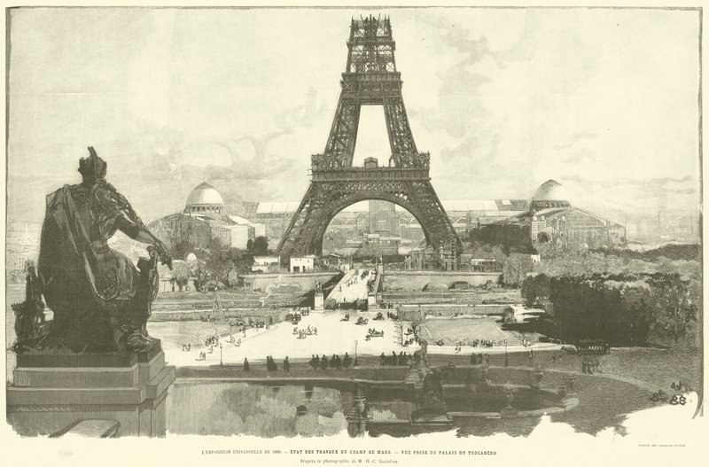 De Wereldtentoonstelling van 1889, staat van de werken op Champ de Mars, uitzicht vanaf het Palais du Trocadero, naar de foto van M H-C Godefroy door French School