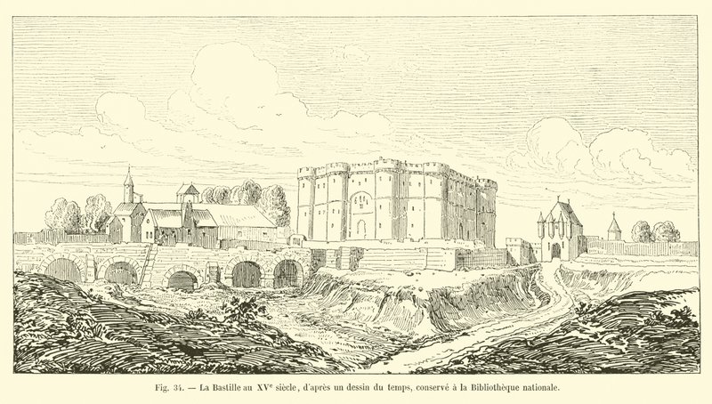 De Bastille in de 15e eeuw, naar een tekening uit die tijd, bewaard in de Nationale Bibliotheek door French School