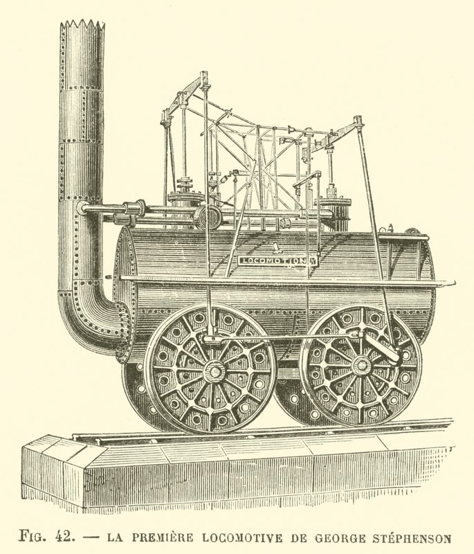 De Eerste Locomotief van George Stephenson (gravure) door French School