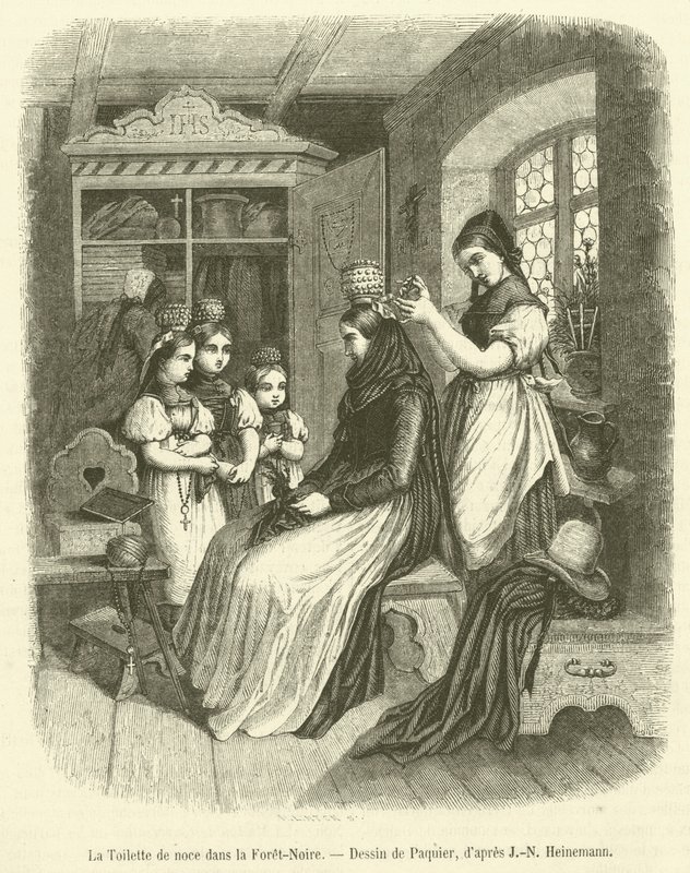 De bruidstoilette in het Zwarte Woud (gravure) door French School