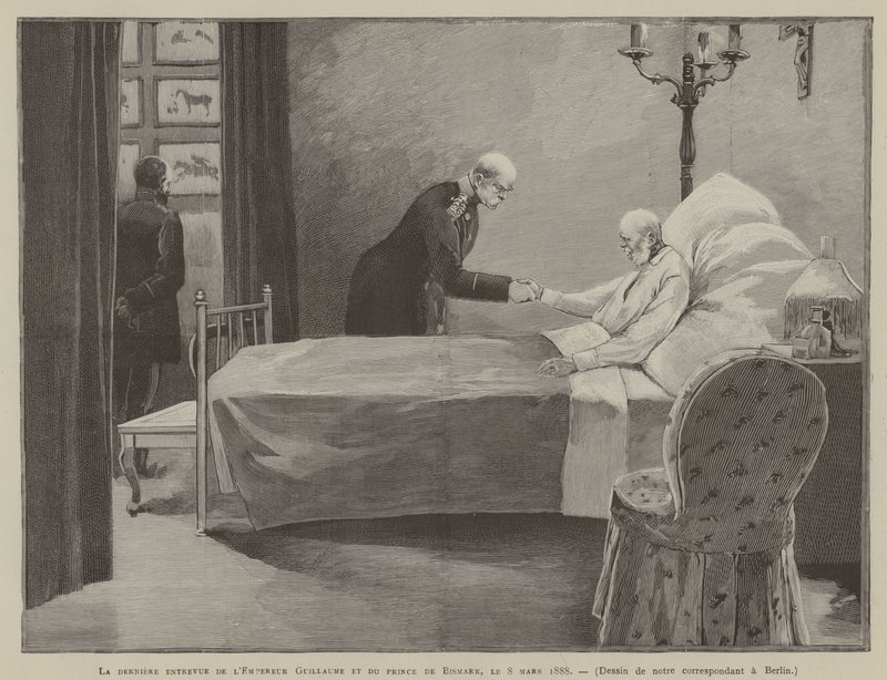 De laatste ontmoeting tussen keizer Wilhelm en prins Bismark, 8 maart 1888 (gravure) door French School