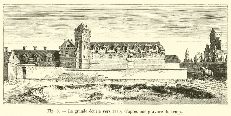 De grote stal rond 1720; naar een gravure uit die tijd door French School