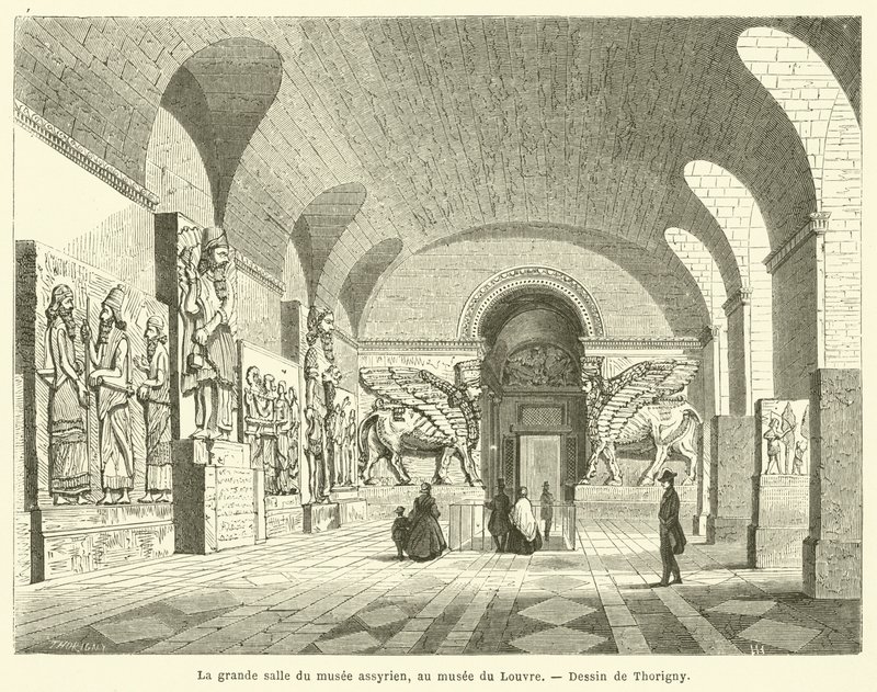 De grote zaal van het Assyrische museum, in het Louvre door French School