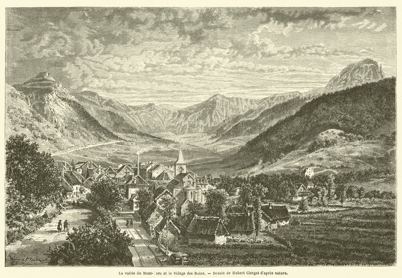 De vallei van Mont-Dore en het dorp des Bains door French School