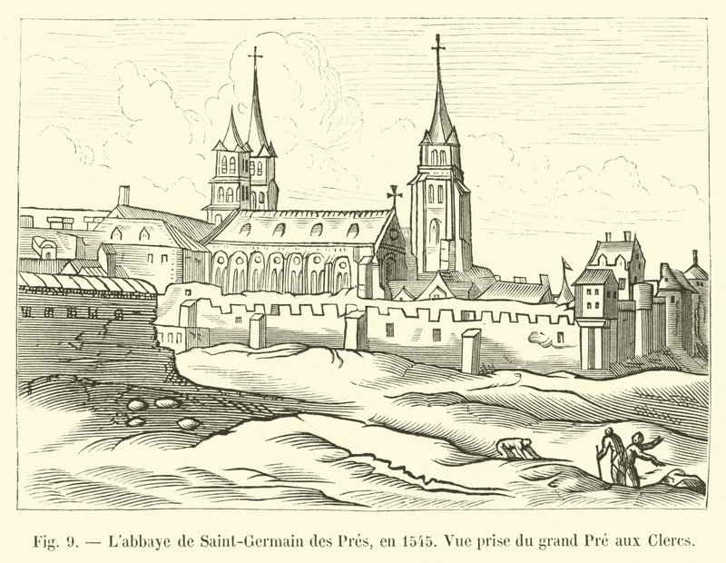 De abdij van Saint-Germain des Pres, in 1545, Uitzicht vanaf de grote Pre aux Clercs door French School